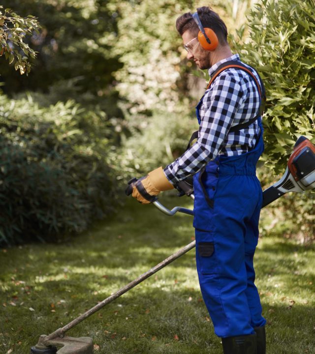 Busy man using a weedwacker at garden